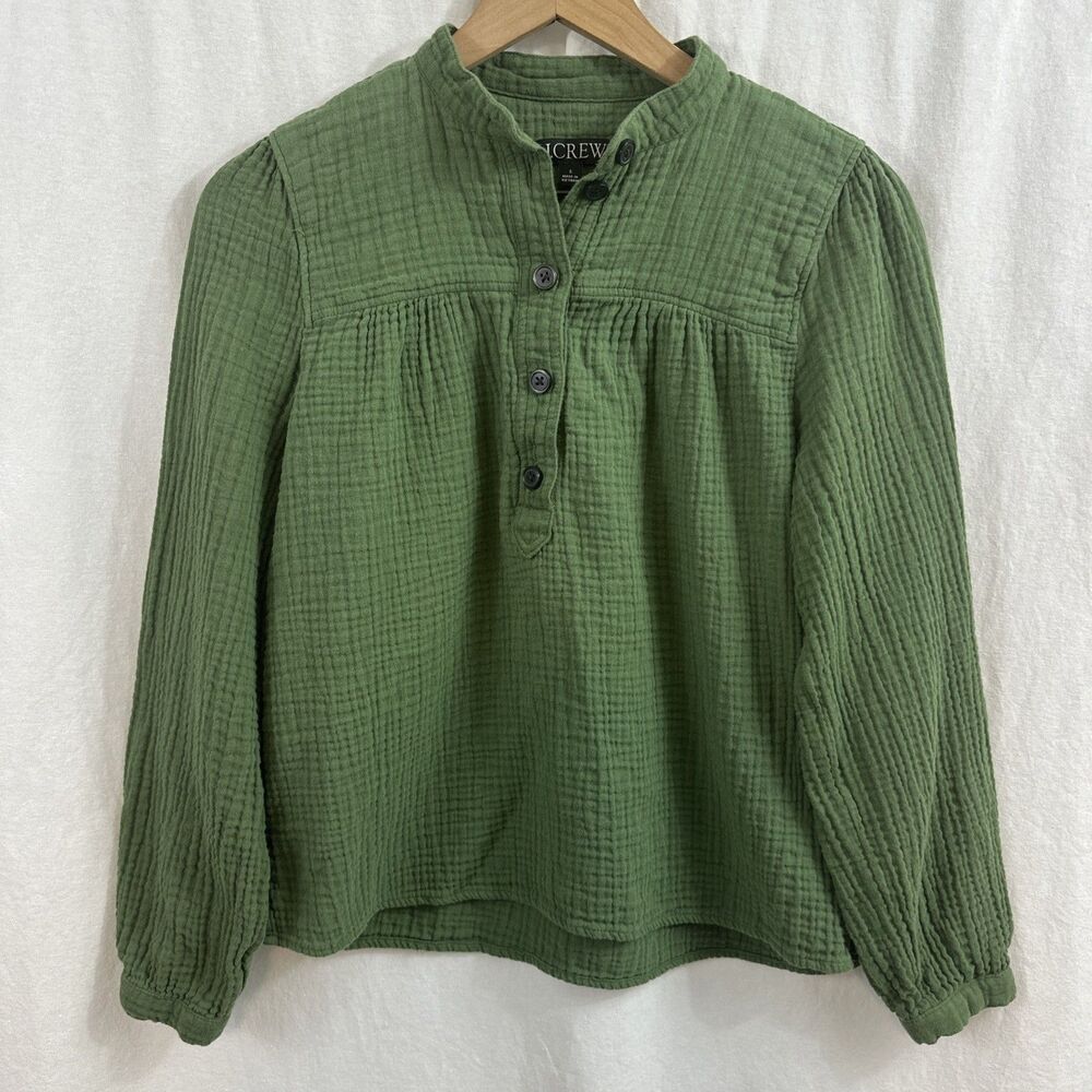 J. Crew Fresco Soft Gauze Cotton Green Popover Top Womens Size S Beach Boho